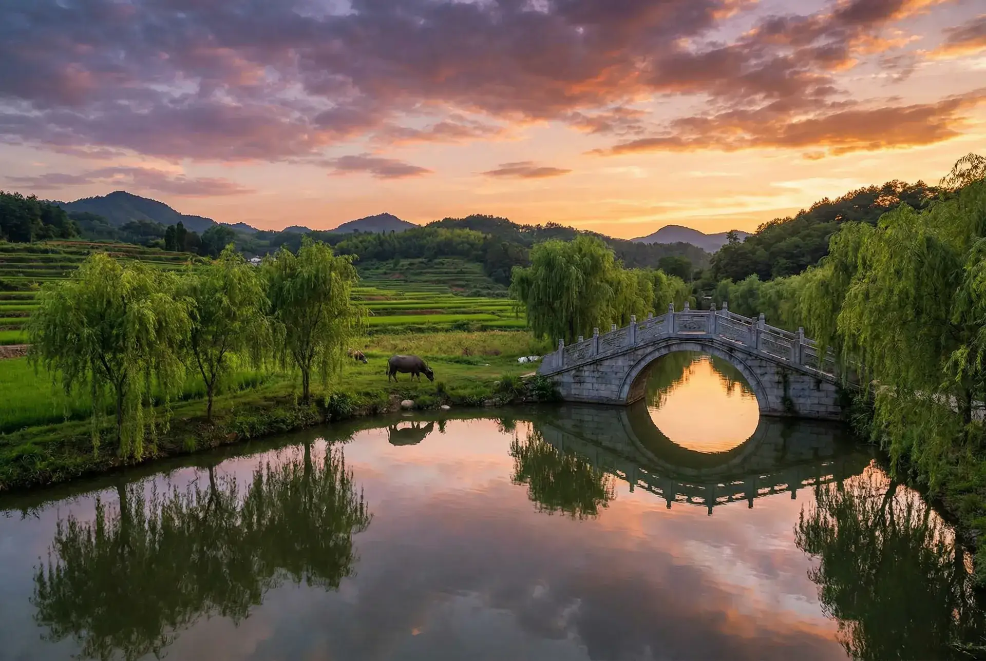 夕阳下的石拱桥与垂柳，水牛在河边吃草 - 山东女人一级毛片 乡村美景